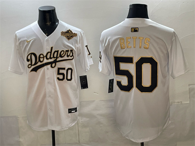 Men's Los Angeles Dodgers #50 Mookie Betts White Gold 2025 World Series Patch Limited Stitched Baseball Jersey Men's Los Angeles Dodgers #50 Mookie Betts White Gold 2025 World Series Patch Limited Stitched Baseball Jersey